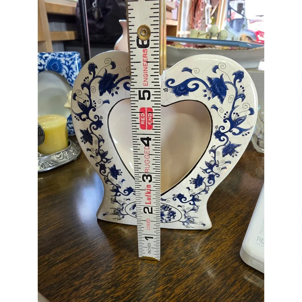 Blue White Ceramic Heart Picture Frame Chinoiserie Floral Crackle Glaze 6 Inch